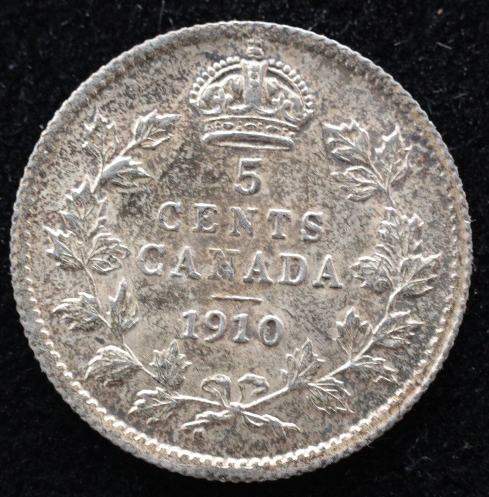 KAPPYSCOINS G8504 CANADA 1910 FIVE CENT SILVER ORIGINAL CH BU