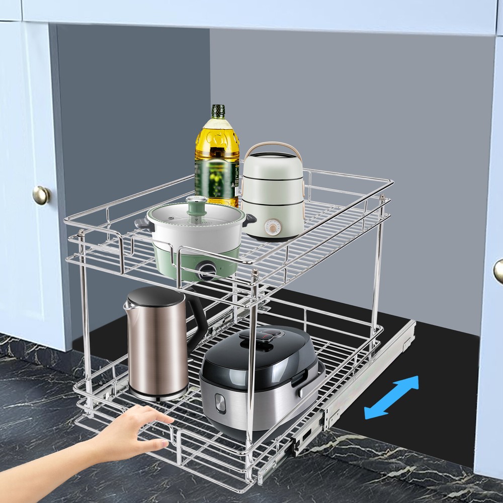 2 Tier Kitchen Cabinet Pull Out Shelf and Drawer Organizer Slide Out Gray/Silver