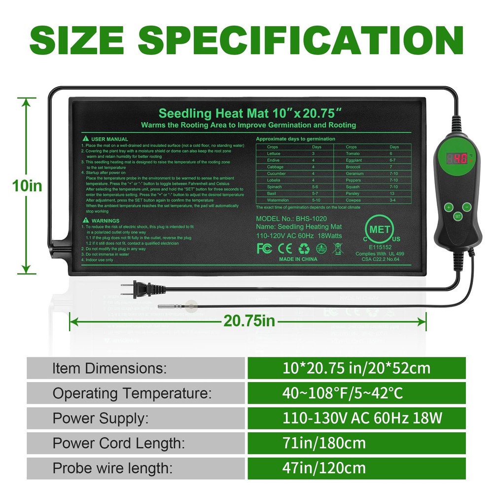 Seedling Heat Mat with Builtin Temperature Controller 2 Pack, 10" x 20.75" Pl...