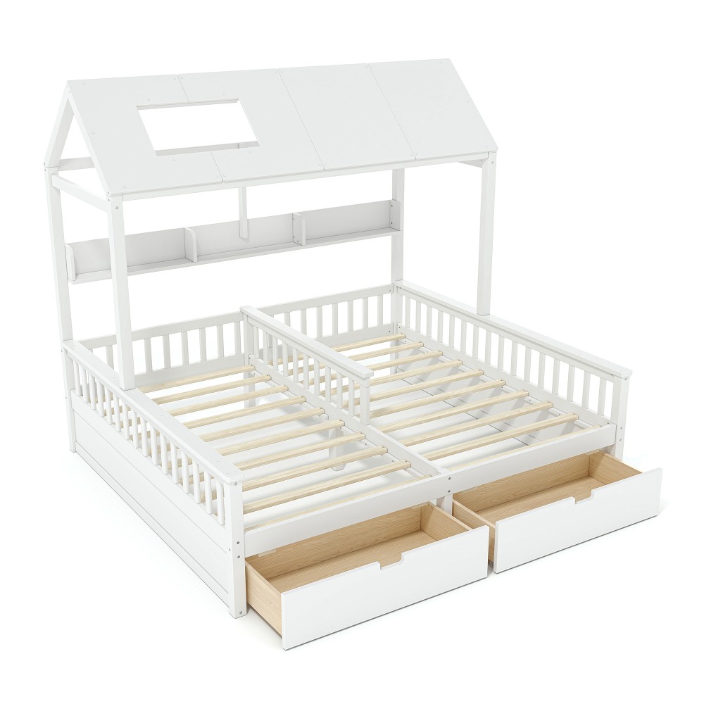 White Double Twin Platform Bed w/ Storage Shelves & Drawers