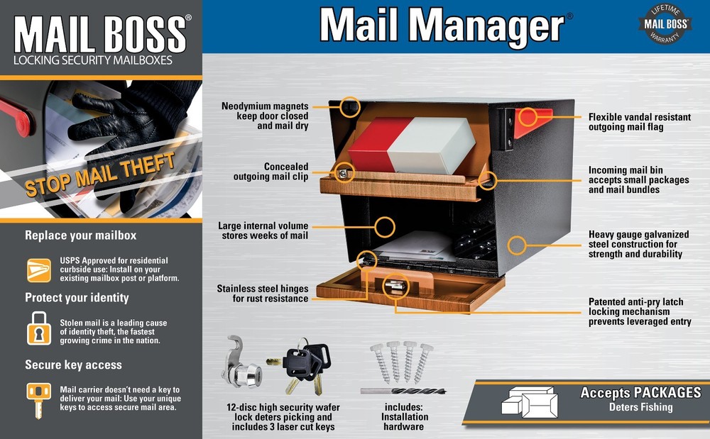 Curbside Locking Security Mailbox - Large Black Mail Manager for Safe Mail Deliv