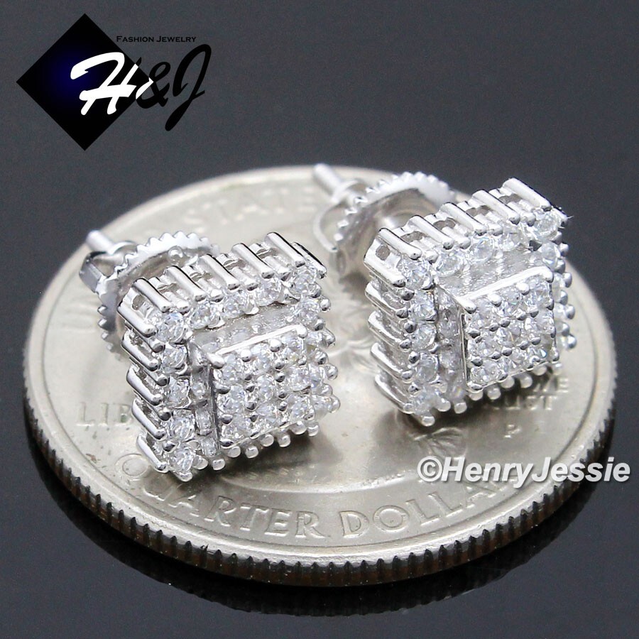 MEN WOMEN SOLID 925 STERLING SILVER 8MM ICY BLING CZ 3D SQUARE STUD EARRING*E240