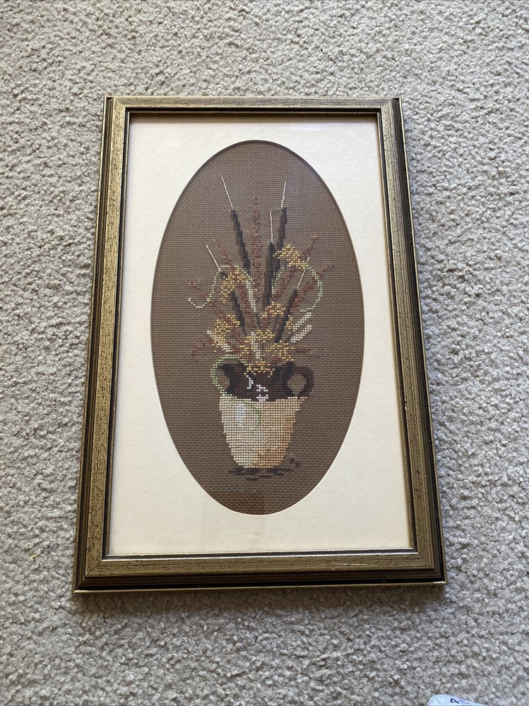 Framed Crosss Stitch Pitcher And Cattails - 15” X 10”
