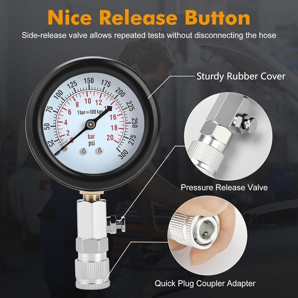 Quick and Accurate Petrol Engine Compression Tester - 8 Piece Gauge & Adapters