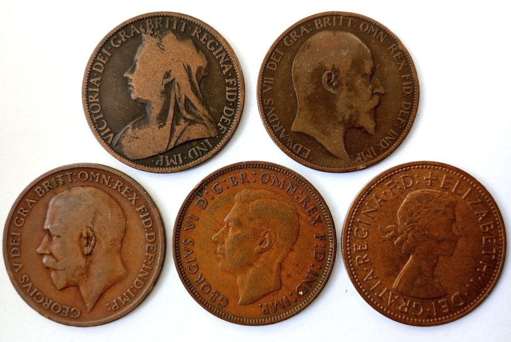 British Pre Decimal Penny Coins 5 Monarchs Set