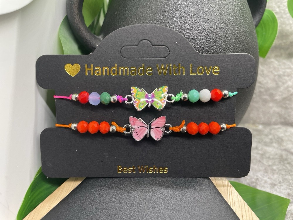 2 PC Handmade Beaded Boho Adjustable Tie Charm Bracelet Set Butterfly B3997