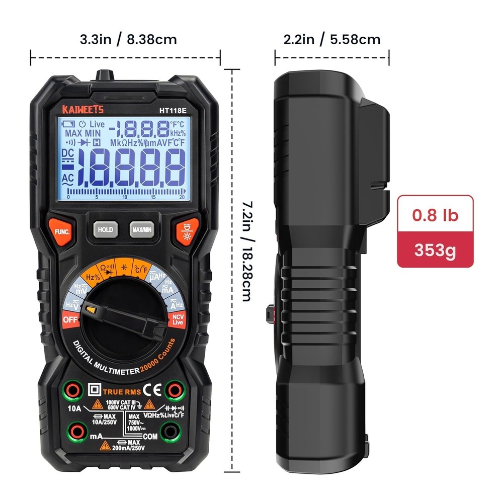 TRMS Digital Multimeter 20000 Counts - Auto-Ranging with Backlight & Case