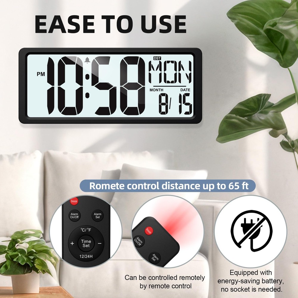 Large Digital Wall Clock Battery Operated with Backlight, 15" LED Large Displ...