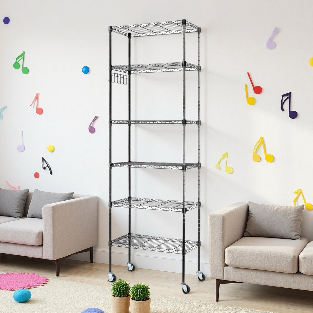 6-Tier Rolling Wire Shelving Unit - Heavy Duty, Modular, Adjustable & Black
