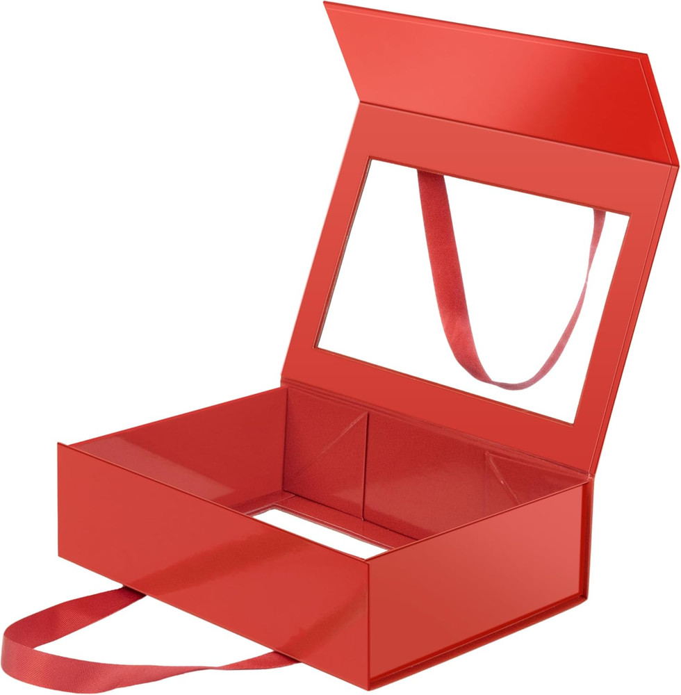 Red Gift Box with Window, Clear Magnetic Gift Box with Handle for Present, Bride