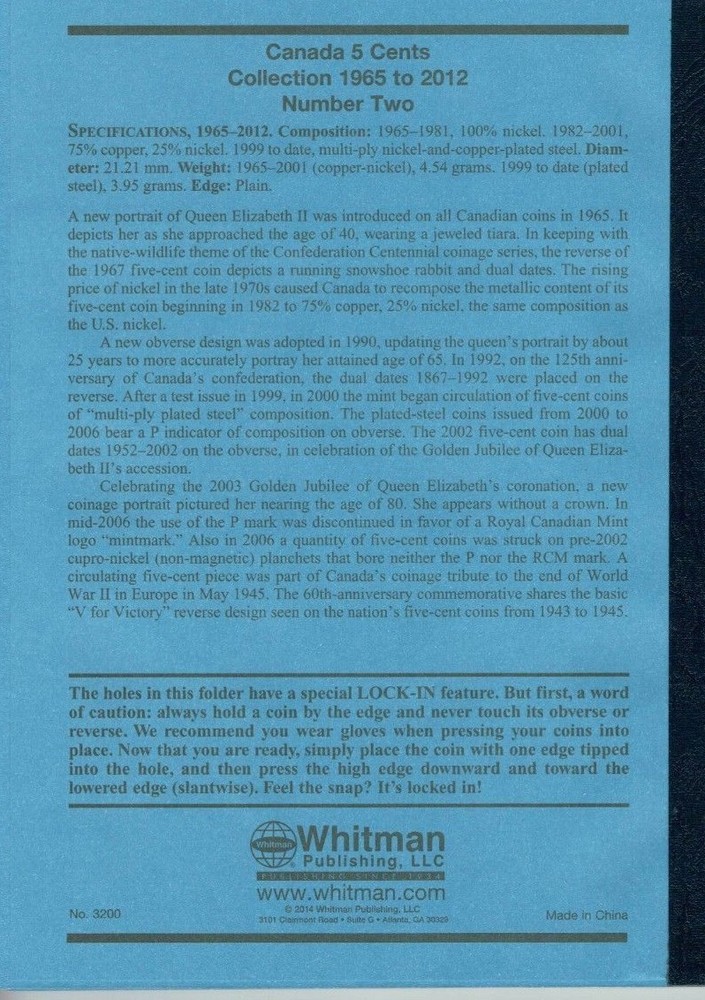 New Whitman Canada Five cent Folder #2 for all Issues From 1965 Through 2012
