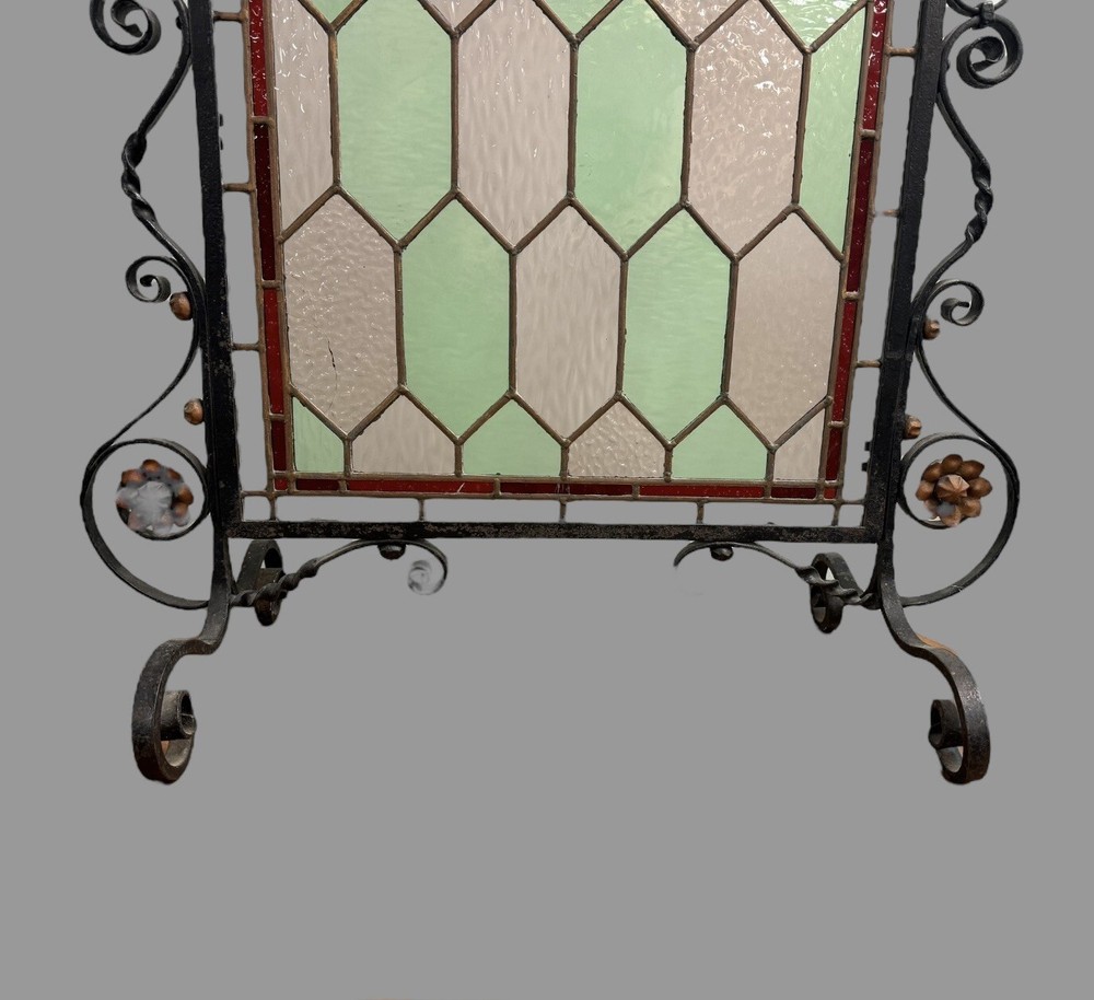 Antique Wrought Iron & Leaded Glass Fire Screen Circa 1900