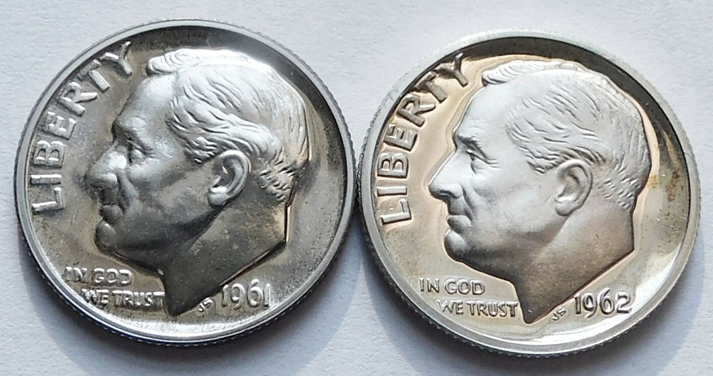 1961 + 1962 Gem Proof Roosevelt Silver Dimes, Two 10C coins