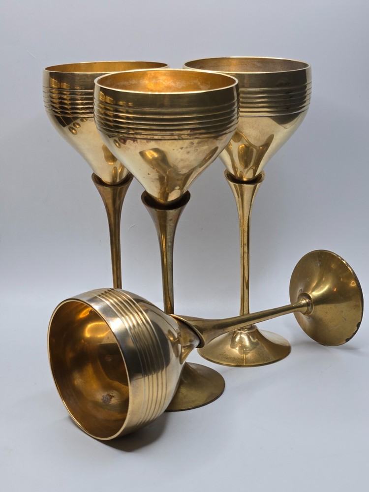 Vintage S/4 Solid Brass Goblets Tulip Stem • 7.5"H • India