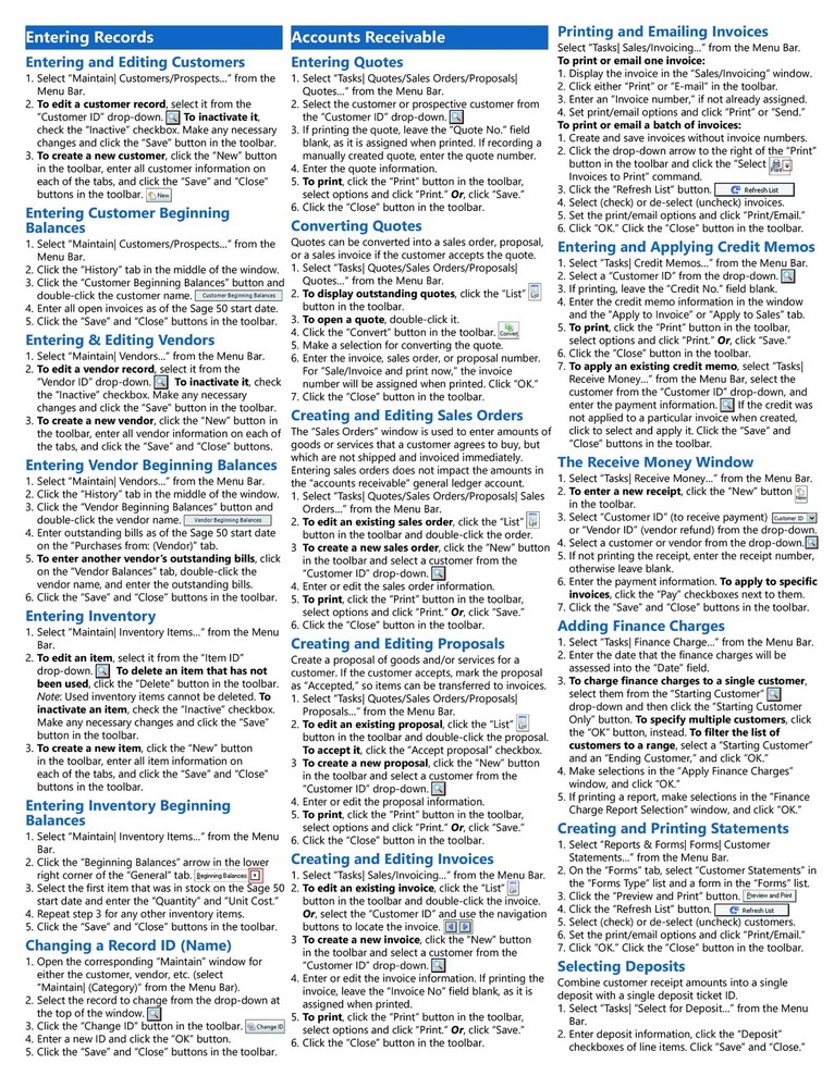 Sage 50 Training Guide Quick Reference Card 4 Page Cheat Sheet Instructions