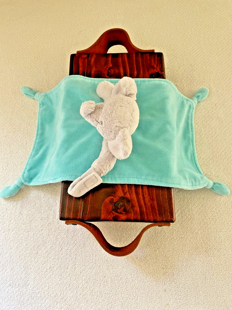 Carters Plush Elephant Lovey Security Blanket Rattle Blue Rectangle Knotted
