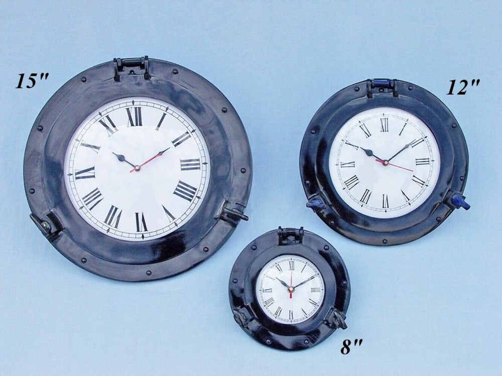 Brass Deluxe Class Porthole Clock 8" - Dark Blue