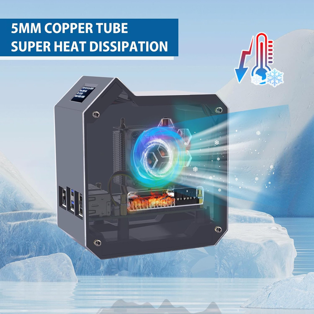 Mini Tower Kit for Raspberry Pi 5, Case with ICE Tower Cooler, 0.96'' OLED Modul