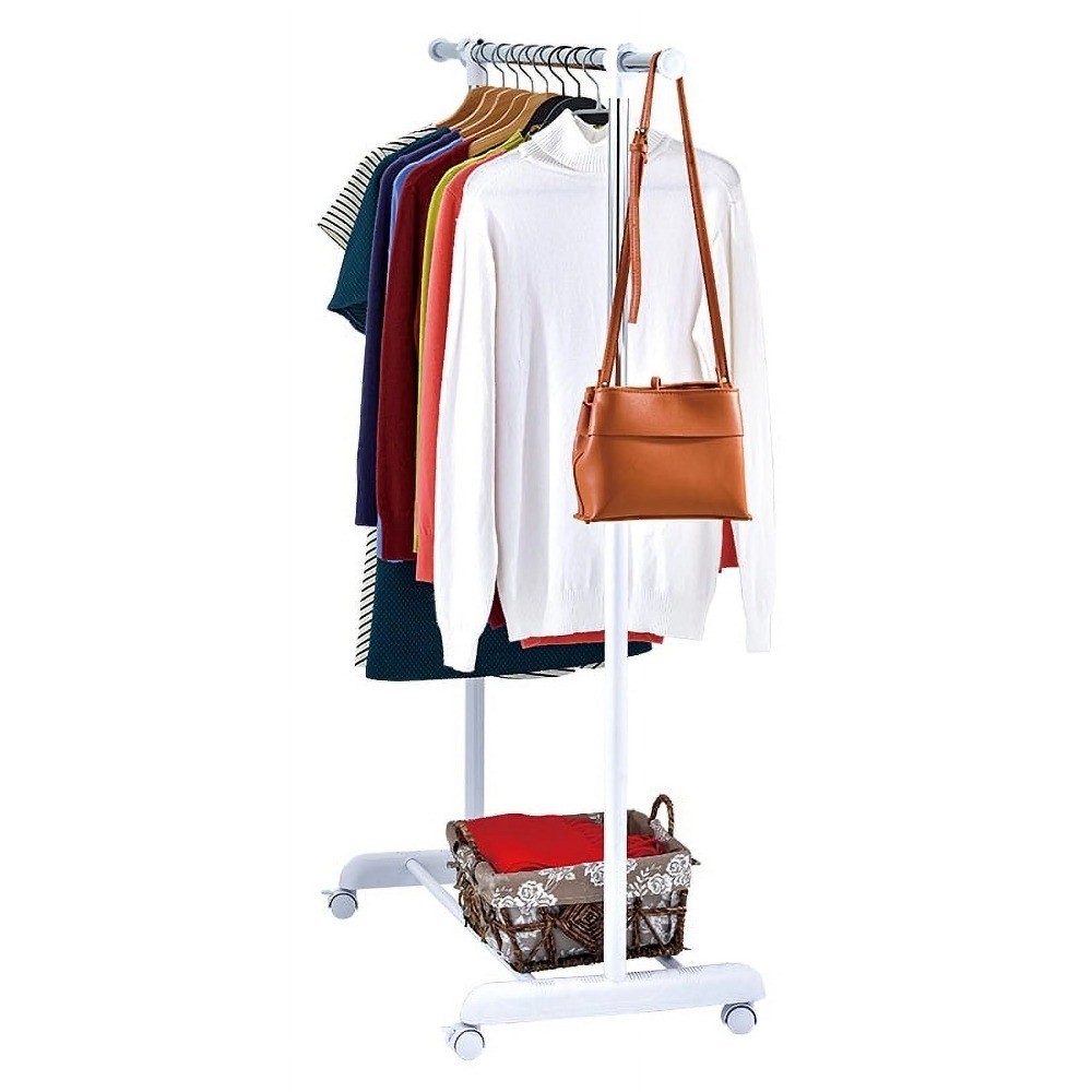 Adjustable Rolling Garment Rack on Wheels Metal Chrome White Freestanding