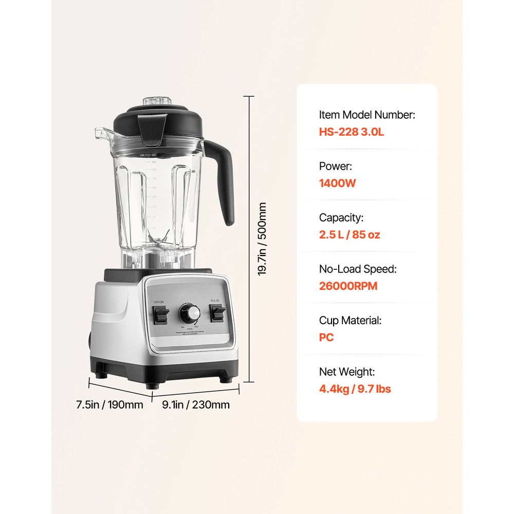 Smoothie Blender 85 oz 1400W Food Processing Blender Fruit Juicer for Kitchen