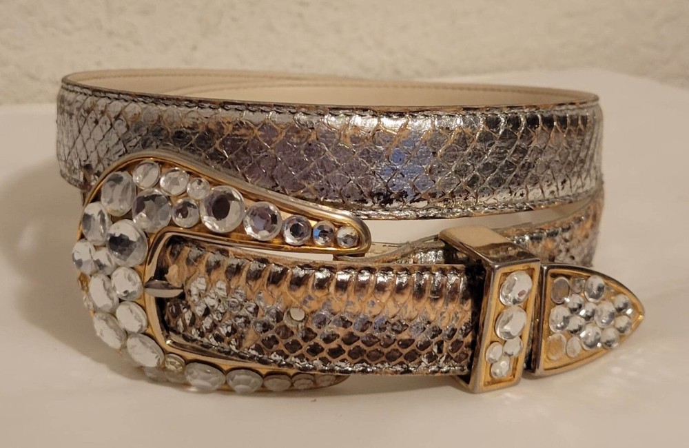 Genuine Snakeskin Silver Belt with Crystal Buckle Size 30