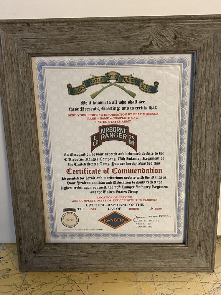 U.S. ARMY RANGER - C CO / 75 INFANTRY COMMENDATION CERTIFICATE (COMMEMORATIVE)