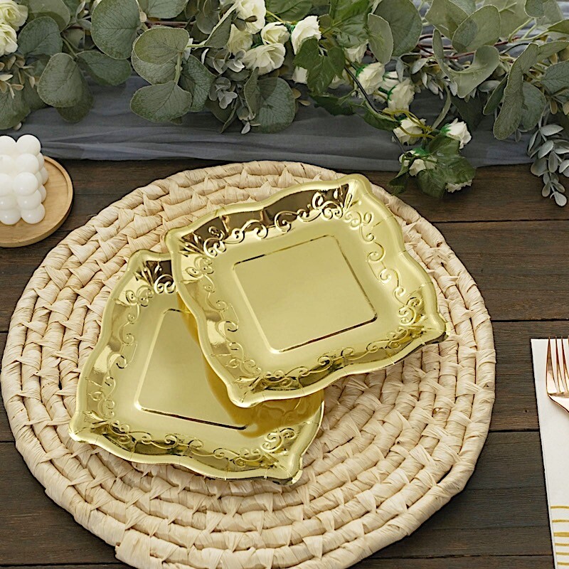 25 Square 7" Paper Dessert Dinner Plates Scroll Design Rim Party Event Tableware
