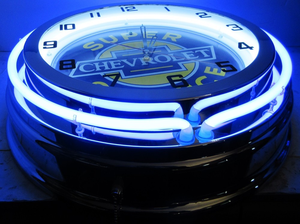 Super Chevrolet Double Neon Blue / White Clock 18"