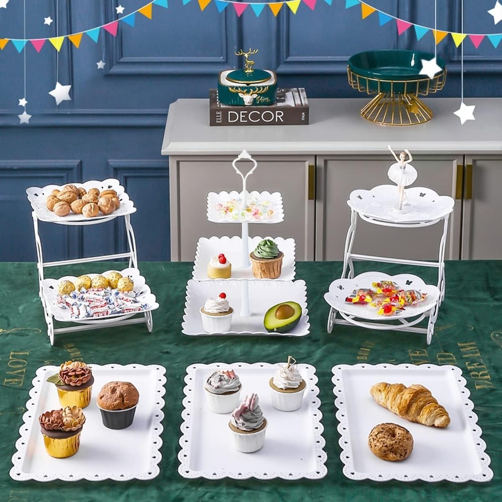 Cake Stand White Plastic Dessert Table Display Set 4 Pcs 3 Tired Cupcake