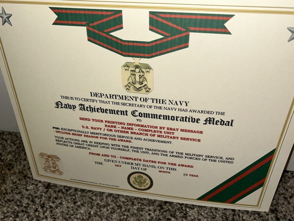 U.S. NAVY ACHIEVEMENT MEDAL COMMEMORATIVE CERTIFICATE ~ TYPE-2 / W/PRINTING