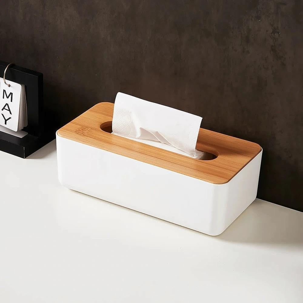Tissue Box with Bamboo Cover, Plastic Tissue Organizer, Bathroom Tissue Dispe...