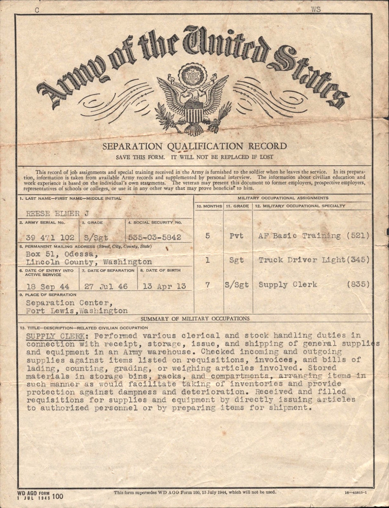 1946 WWII U.S. ARMY SEPARATION QUALIFICATION RECORD vintage military document