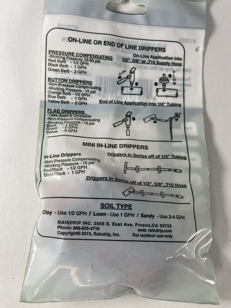 10pk Raindrop 1/2 gph pressure compensating drippers Irrigation LPC2010B Style E