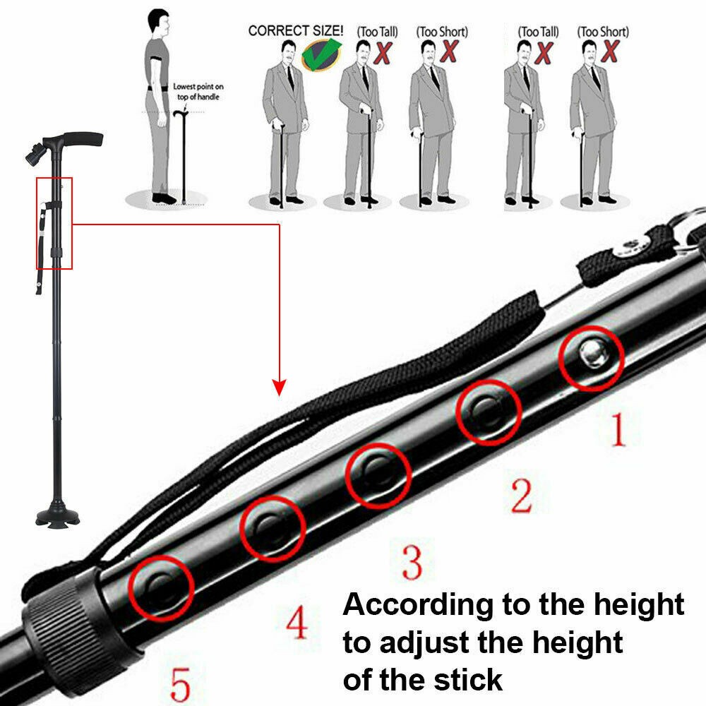 5Level Adjustable Foldable Walking Stick with LED Light Travel Camping Hiking