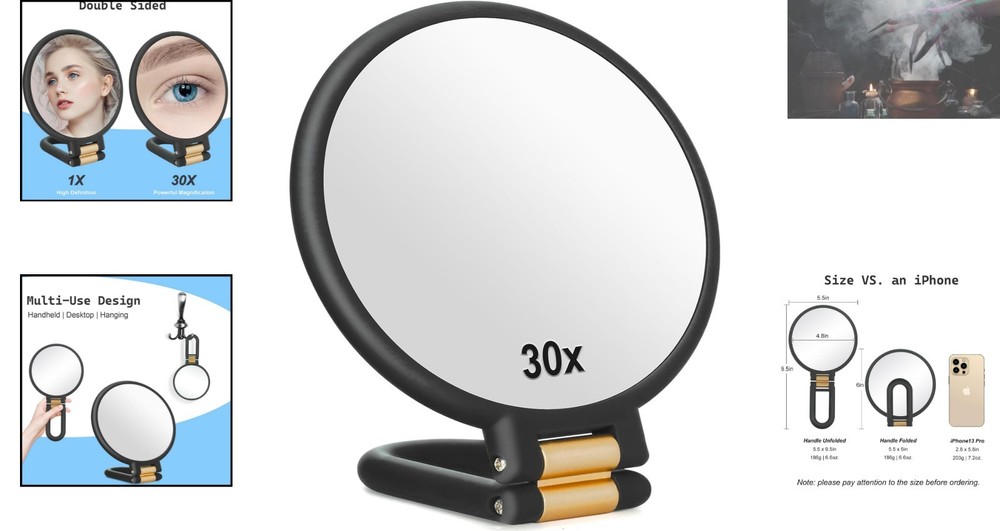Double-Sided Magnifying Travel Mirror with 30x Power & Adjustable Handle