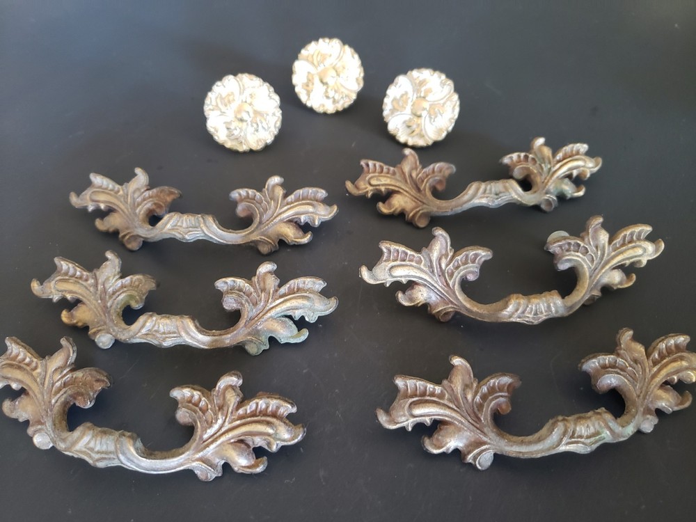 Vintage French Provincial Drawer pulls 6 + 3 matching knobs whitewashed brass