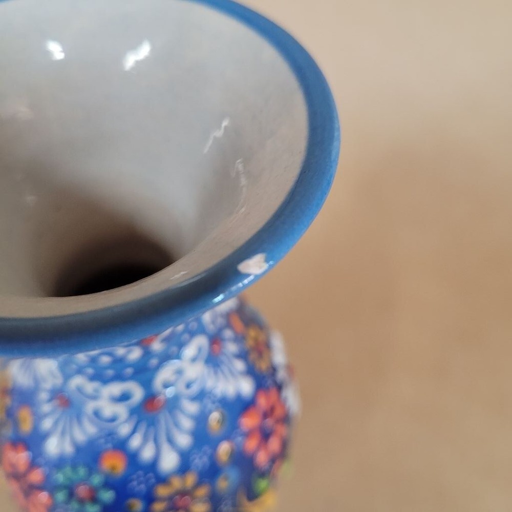 Beautiful Blue Handmade Vase, 6" tall, slight chip