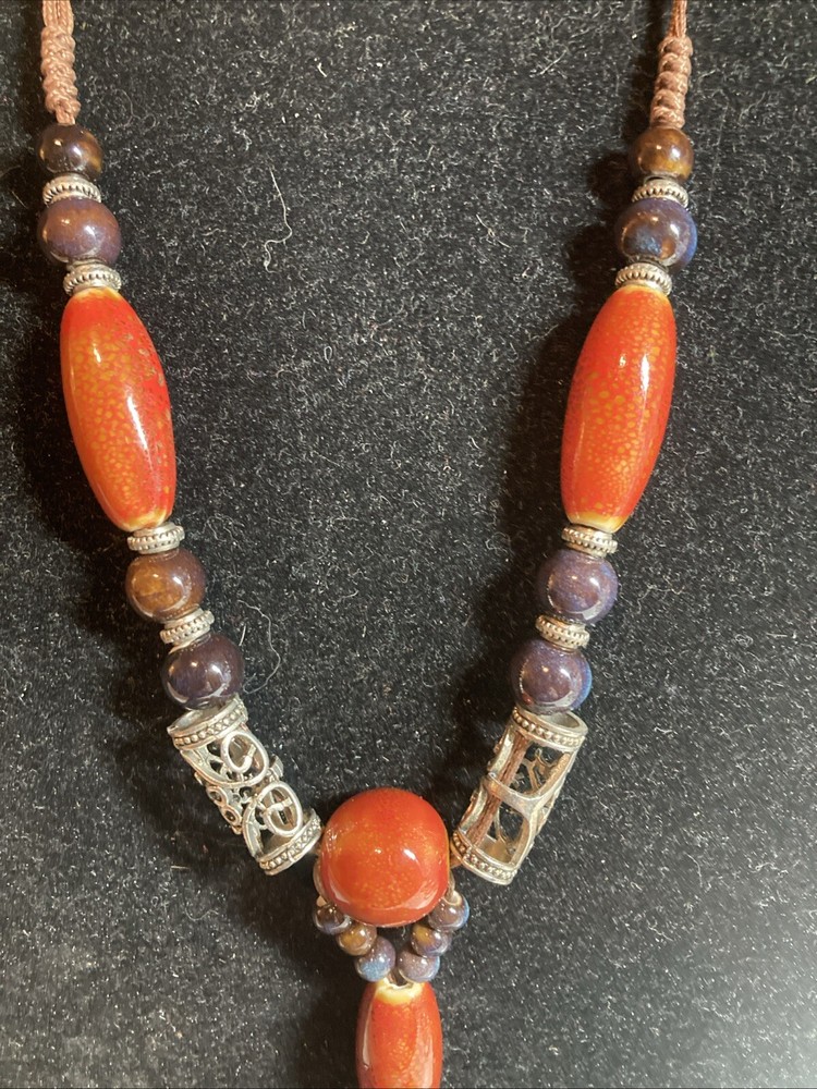 Red Ceramic Beaded Necklace Artisan 28” B146