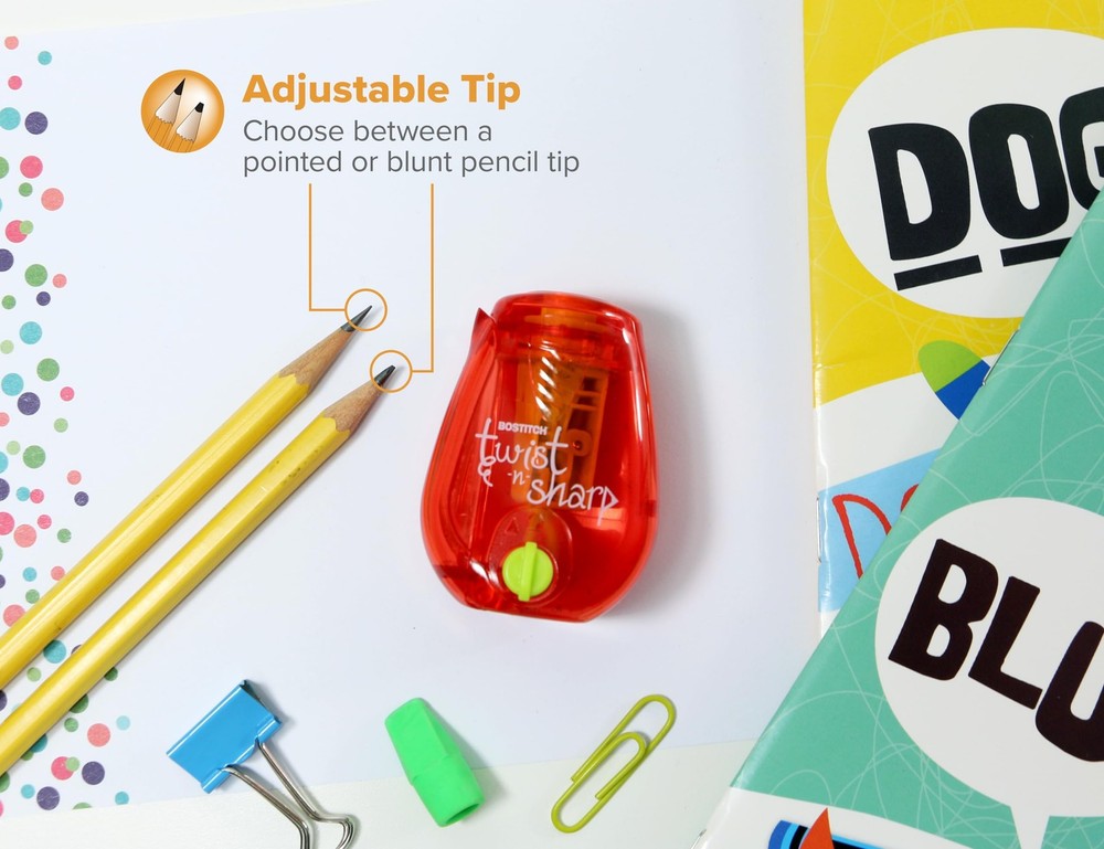 Bostitch Office Twist-n-Sharp Pencil Sharpener, for Kids & Single, Red