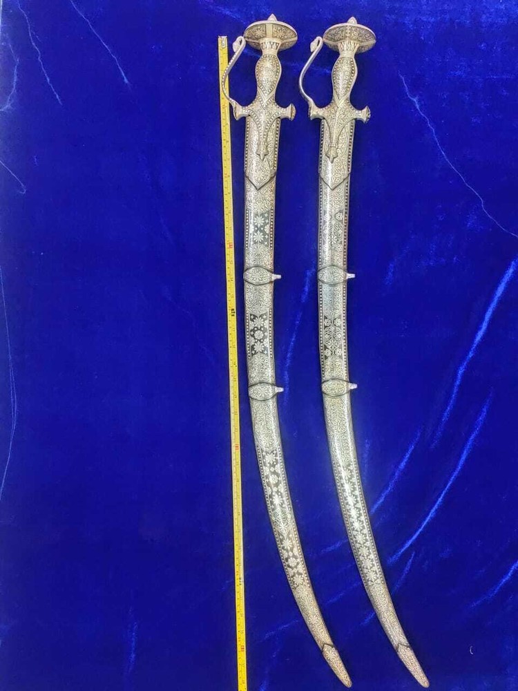 Handcrafted Indian Sword With Silver Koftgari Work Round Shape Handle