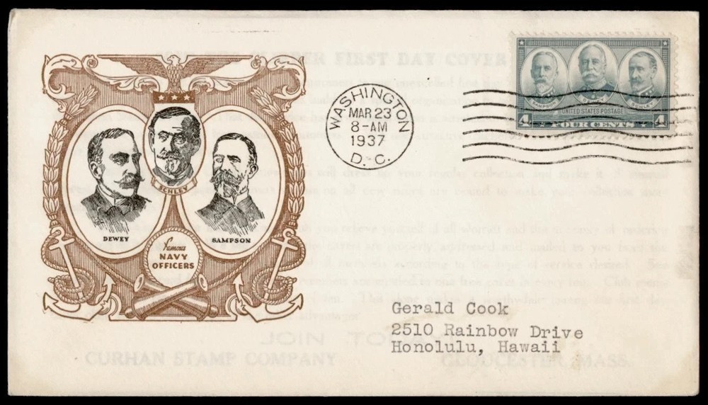1937 Patriotic Cachet FDC US Navy Heroes Admirals Sampson Dewey Schley 4C
