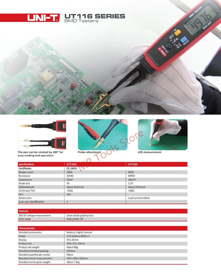 UNI-T UT116A SMD Tester Meter Multimeter LED Diode Continuity Battery Tester✦Kd