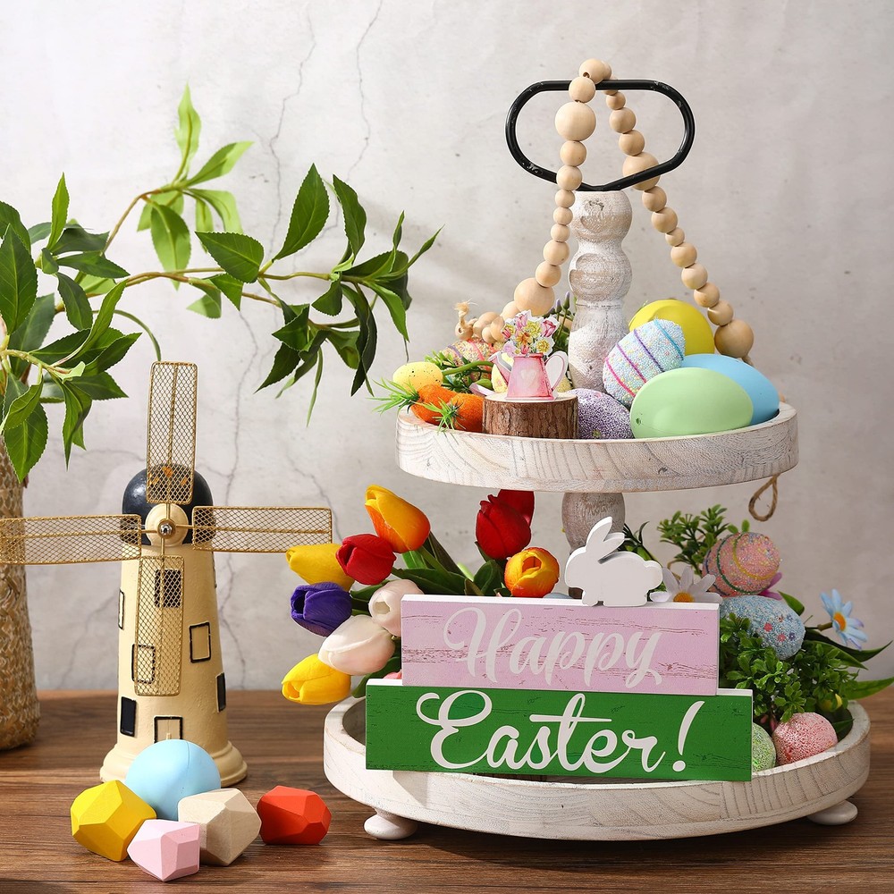 4 Pcs Spring and Easter Decorations Reversible Spring Wooden Vibrant colors