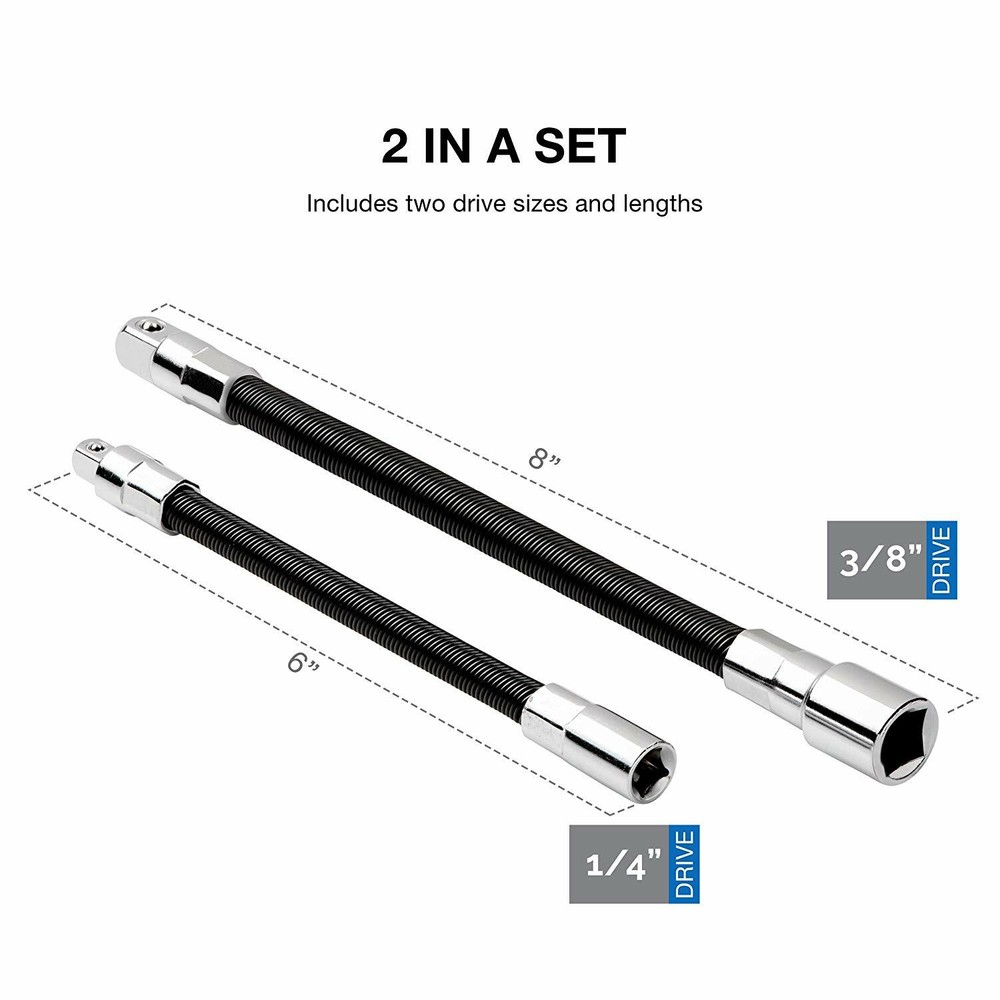 2pc Flexible Socket Extension 8" Long 3/8" & 6" 1/4" Socket Bar Ratchet
