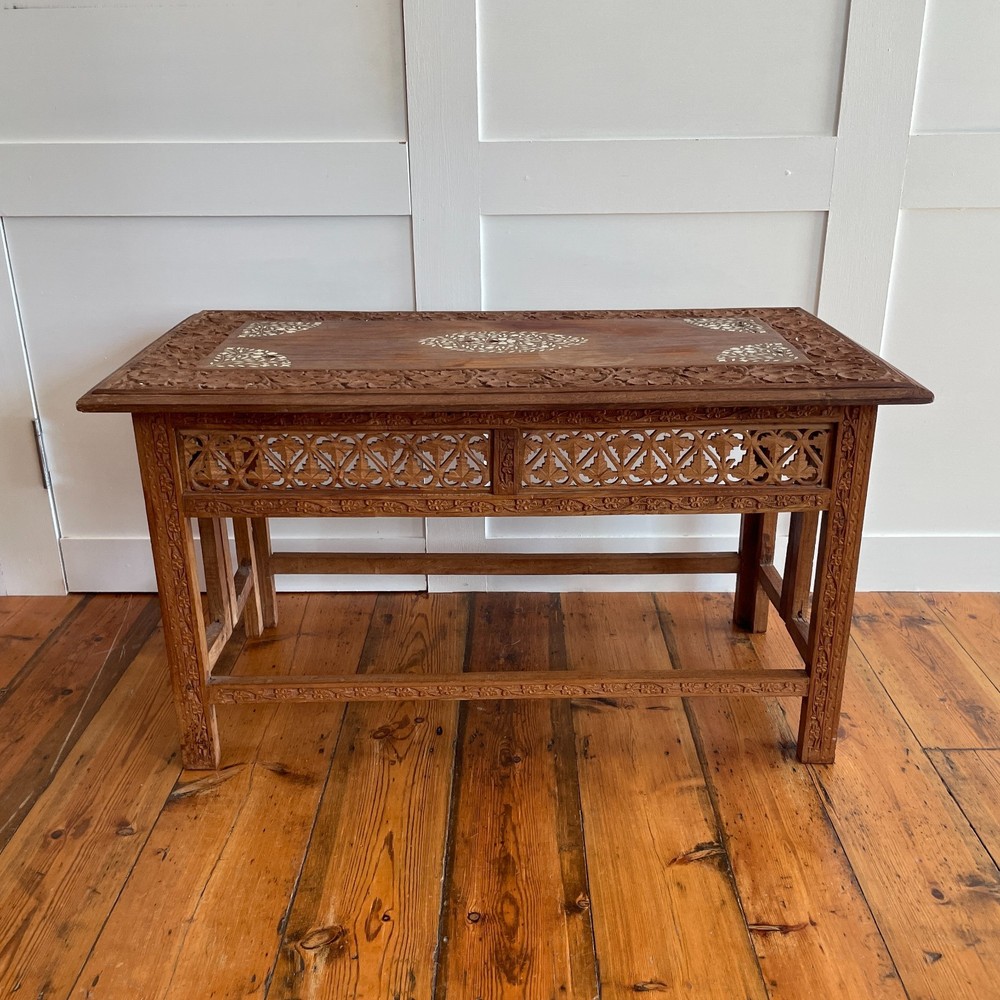 Indian Carved Folding Table Rectangular Coffee Table Inlaid Floral Pattern
