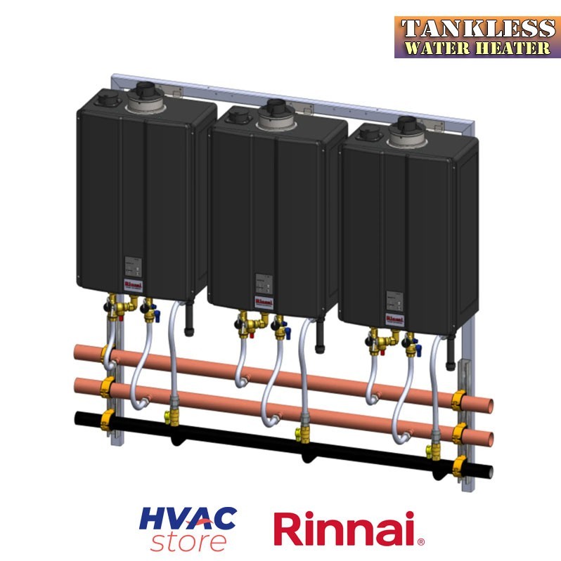 Rinnai Commercial Wall Hanging Rack With 3 LPG Tankless Water Heaters