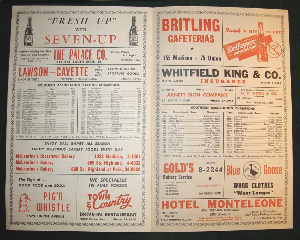 Vintage August 1950 MEMPHIS CHICKS Baseball Team Score Card / Program - Unscored