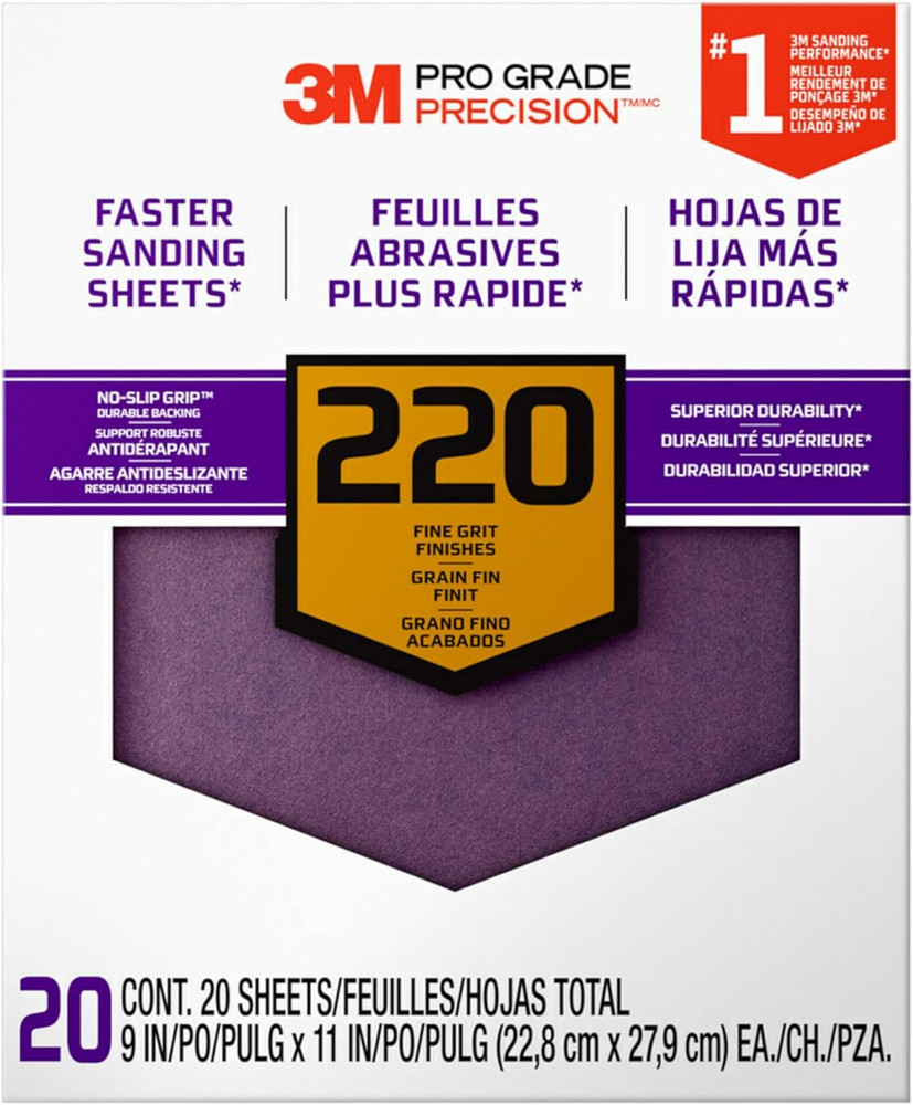 3M Advanced Sandpaper, 20 Sheets, 220 Grit, 3M Pro Grade Precision, Features No-