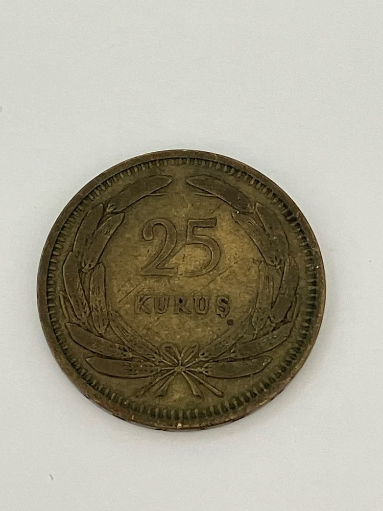 1949 25 Kurus Turkey Brass Turkish Crescent Value Wreath