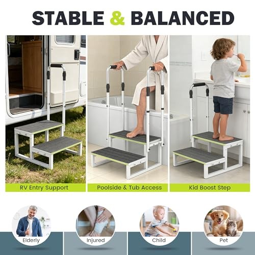 RV Step Stool with Handrail, 2 Step Stool with 1 2 Steps with 1 Handrail